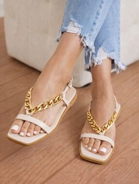 Chain Detailed Flat Strappy Cream and Gold Sandals